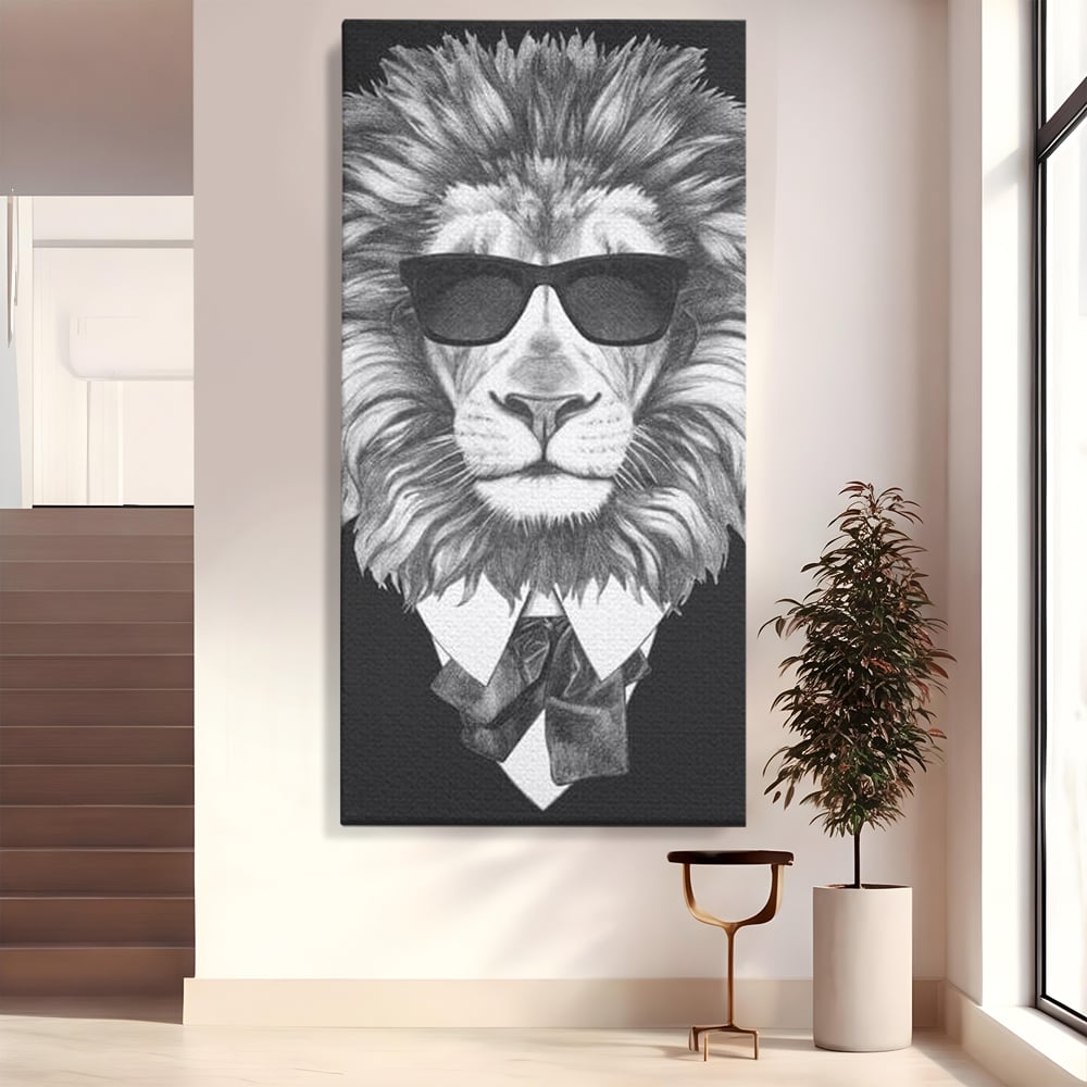 Tablou canvas cu tablou canvas cu leu in costum si ochelari, fara rama, pe sasiu de lemn